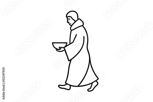 Line drawing of person in robe carrying bowl