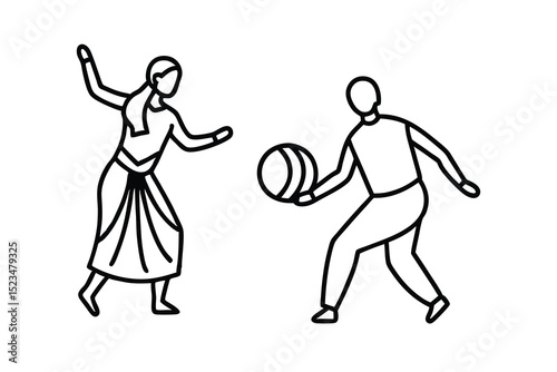 Line drawing woman dancing man playing ball