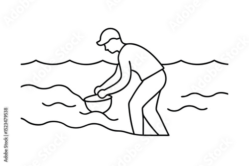 Line drawing man panning for gold in river