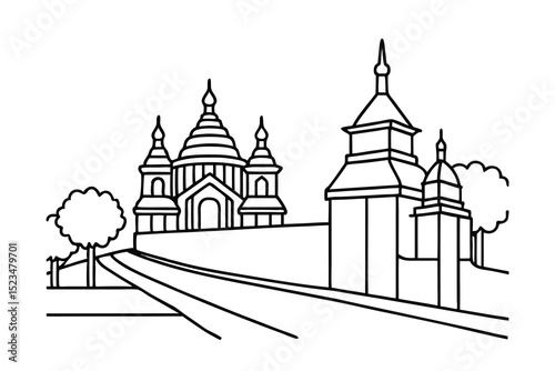 Line drawing of churches on a hillside road