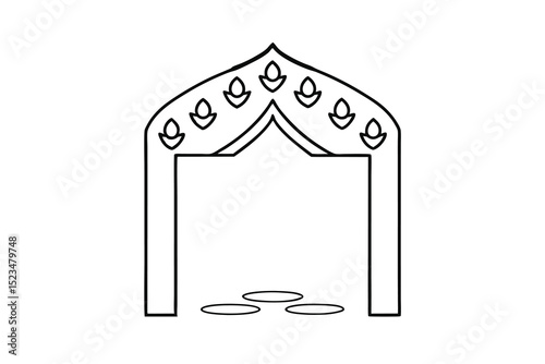 Simple line drawing of ornate archway with diyas