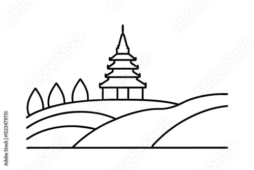 Line drawing pagoda hilltop landscape asian temple trees