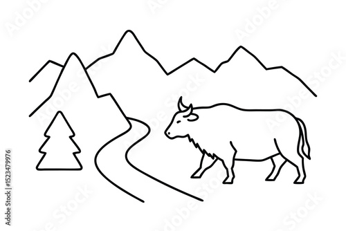 Line drawing yak mountain landscape illustration
