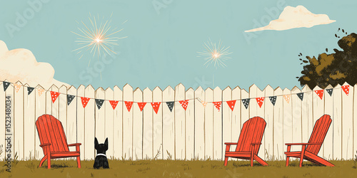 A vintage garden sketch showing a wooden fence decorated for Independence Day, bathed in late-afternoon sun
