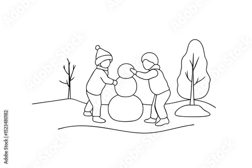 Two children building a snowman line drawing winter fun
