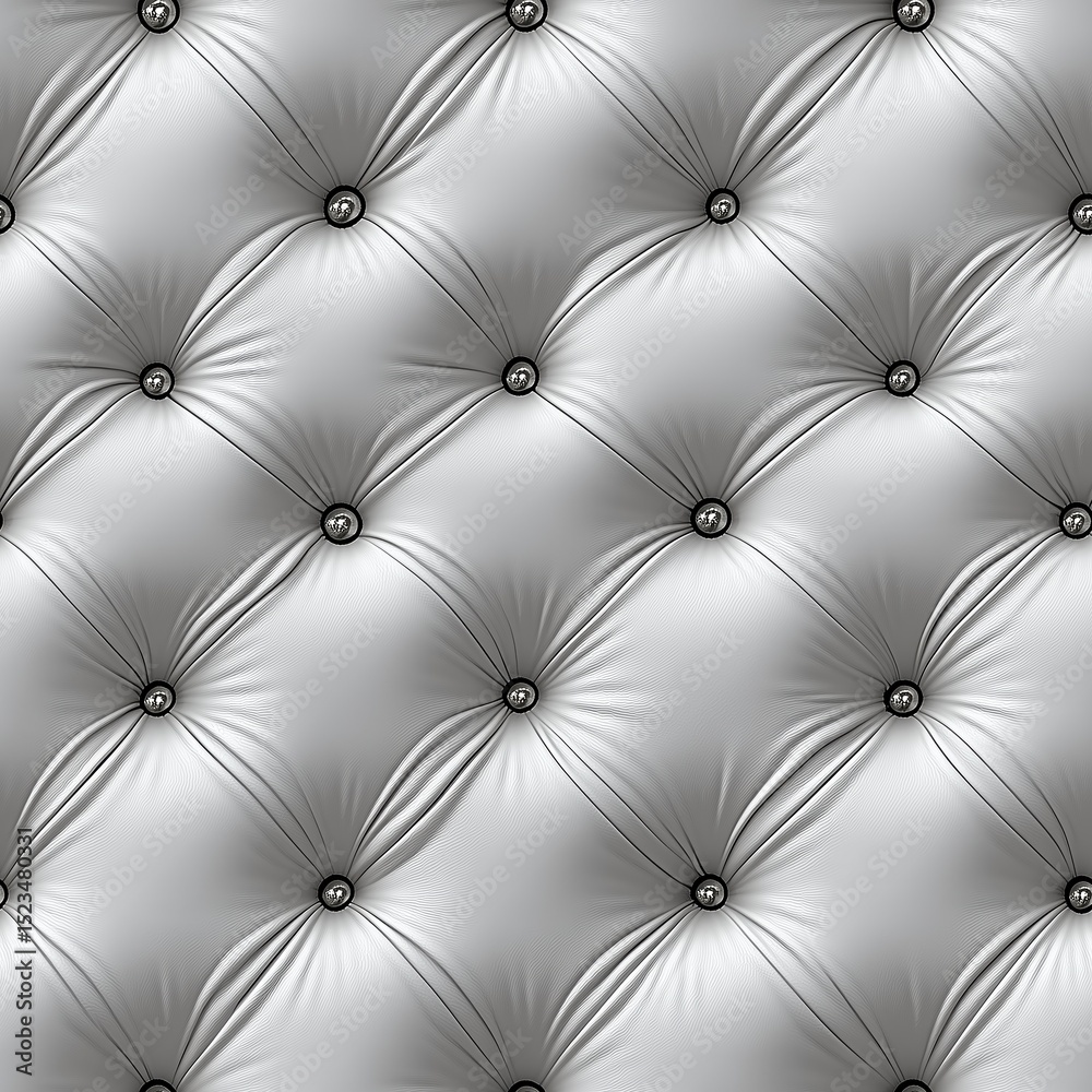 Fototapeta premium Seamless, pristine white leather capitone upholstery with deep button tufting and polished silver nails, creating a clean and sophisticated texture perfect for luxurious and contemporary backgrounds.