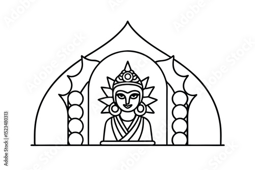 Line drawing of a serene buddha statue in a temple niche