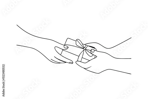 Hands exchanging a small gift line drawing illustration
