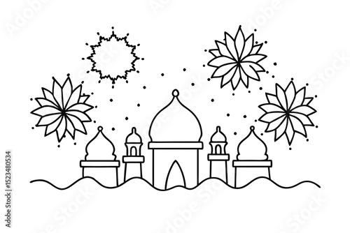 Festive mosque line drawing eid celebration fireworks