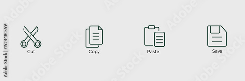 Minimalist icon set,4 type, cut,copy,paste,save.Thin lines editable. Simple design. Vector illustration
