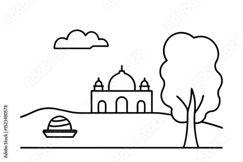 Simple line drawing mosque landscape illustration