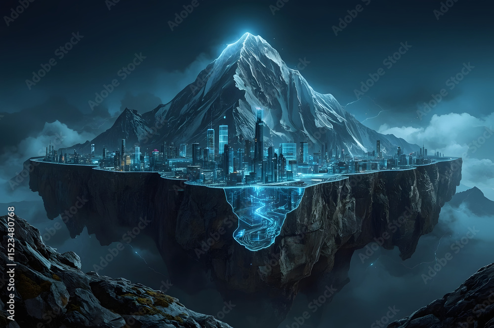 Naklejka premium Luminous Cityscape: A futuristic city nestled on an island, illuminated by vibrant neon lights and towering beneath a majestic mountain peak.