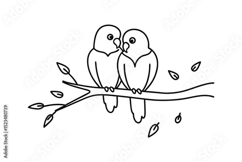 Two lovebirds perched on a branch line drawing illustration