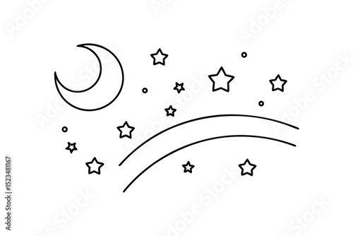 Crescent moon stars shooting stars line drawing night sky illustration
