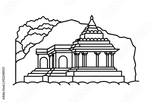 Line drawing ancient temple cliffside architecture illustration