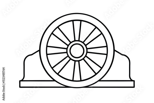 Simple line drawing of a large spoked wheel on a base