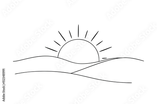 Simple line drawing sunrise over rolling hills
