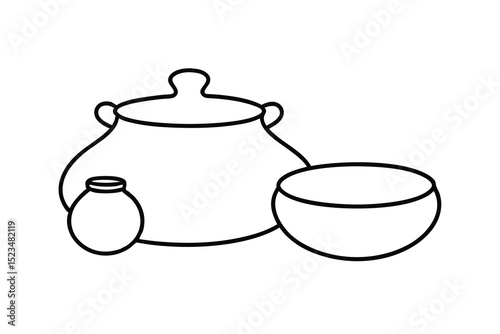 Line drawing of cooking pots and bowl kitchenware
