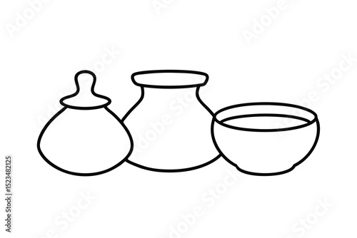 Line drawing of three simple pottery vessels