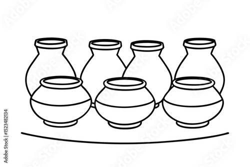 Line drawing of six clay pots arranged on a tray