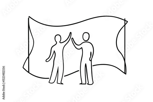 Two people high five line drawing success teamwork collaboration