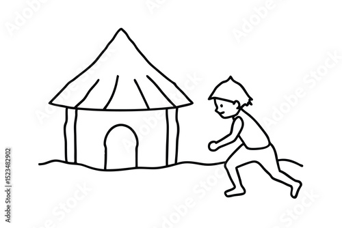 Child running towards simple line drawing hut