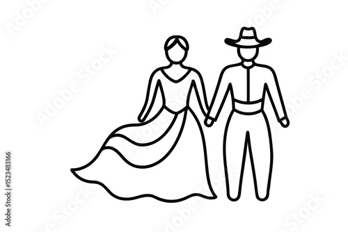 Line drawing couple in traditional dress holding hands