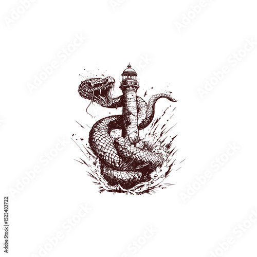 Mighty giant snake wrapped around the lighthouse design vector template illustration