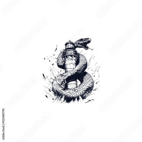 Mighty giant snake wrapped around the lighthouse design vector template illustration