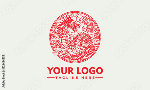 Red Chinese dragon surrounded by cloud motifs and ornate circular frame in traditional mythical illustration. Culture concept
