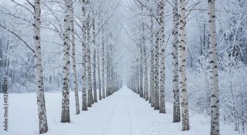 Frozen birch alley shimmering winter wonderland serene snowscape pathway journey