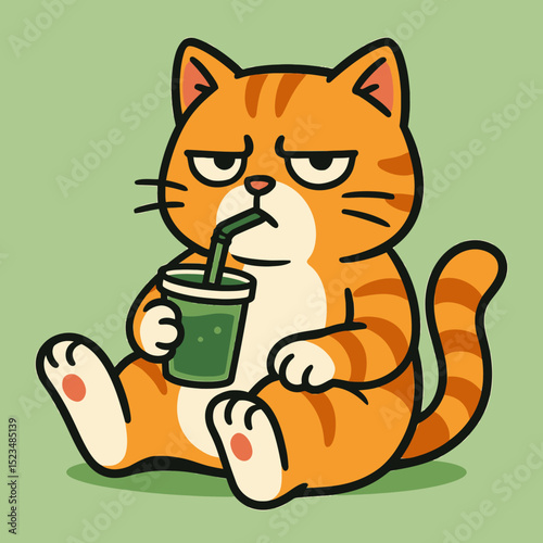 Cute Grumpy Cat Drinking Smoothie – Cartoon Vector Illustration