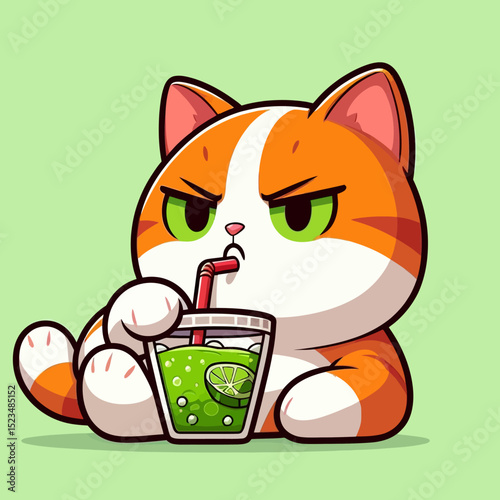 Cute Grumpy Cat Drinking Smoothie – Cartoon Vector Illustration