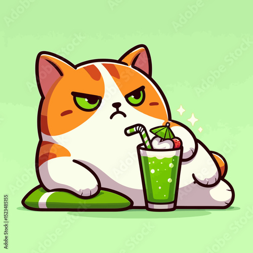 Cute Grumpy Cat Drinking Smoothie – Cartoon Vector Illustration
