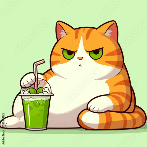 Cute Grumpy Cat Drinking Smoothie – Cartoon Vector Illustration