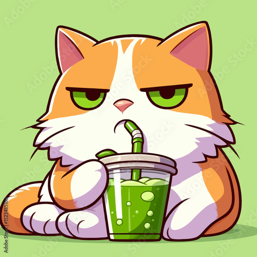 Cute Grumpy Cat Drinking Smoothie – Cartoon Vector Illustration