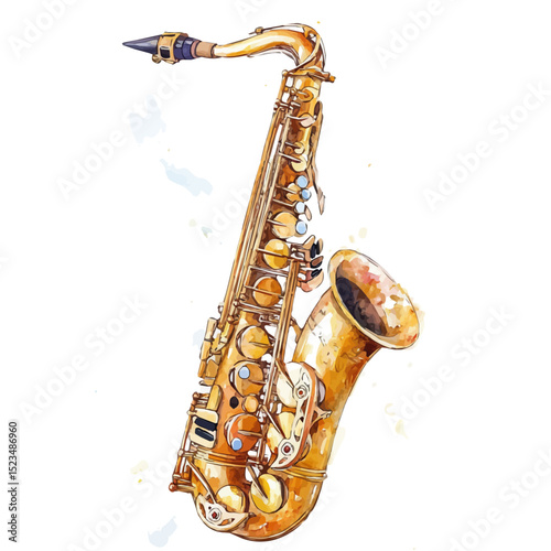 Saxophone, watercolor drawing vector, high quality, isolated on a white background.