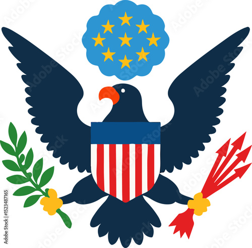 Symbol of United States: a detailed emblem of the US, embodying concepts of strength and authority. It presents a regal eagle holding a laurel branch and arrows.