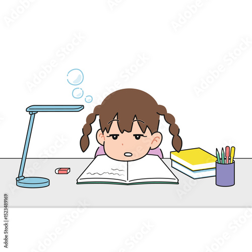 勉強しながら眠くなった女の子　机