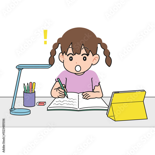 机でタブレットを見ながら勉強する女の子　わかった