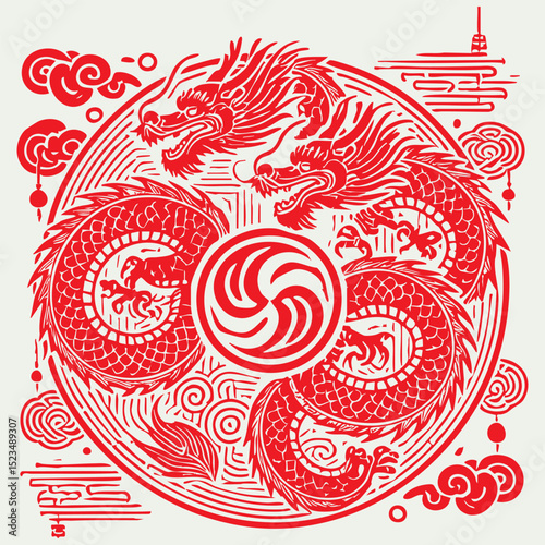 Red Chinese dragon surrounded by cloud motifs and ornate circular frame in traditional mythical illustration. Culture concept
