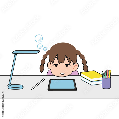 机でタブレット学習する女の子　眠い