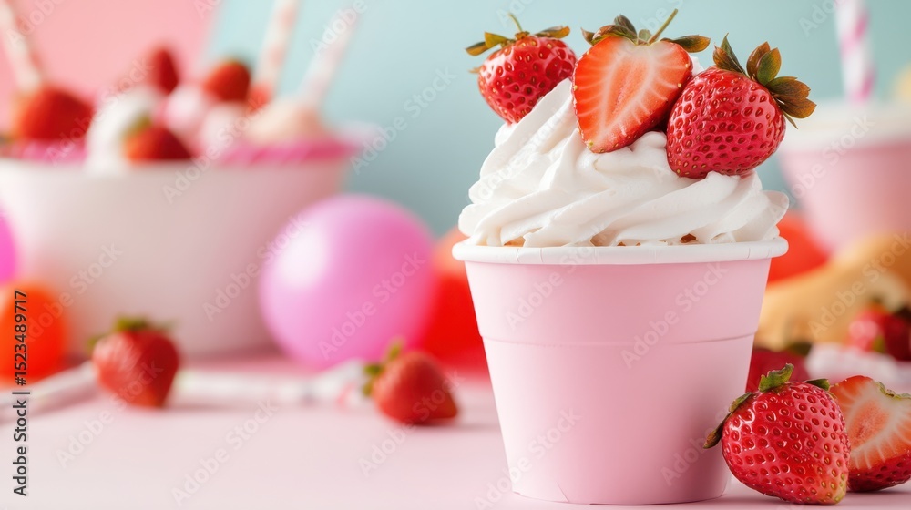 Delicious Cup of Whipped Cream Topped with Fresh Strawberries and Berries Delicious Cup of Whipped Cream Topped with Fresh Strawberries and Berries