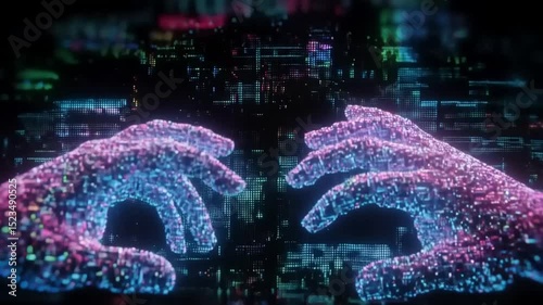 Vibrant digital hands reaching towards each other amidst a futuristic, abstract background