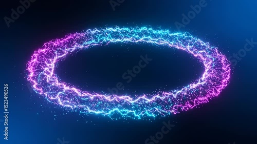 Vibrant electric ring of pink and blue energy swirling in a dark cosmic background