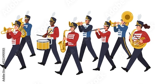 Marching Band Performing with Brass and Wind Instruments
