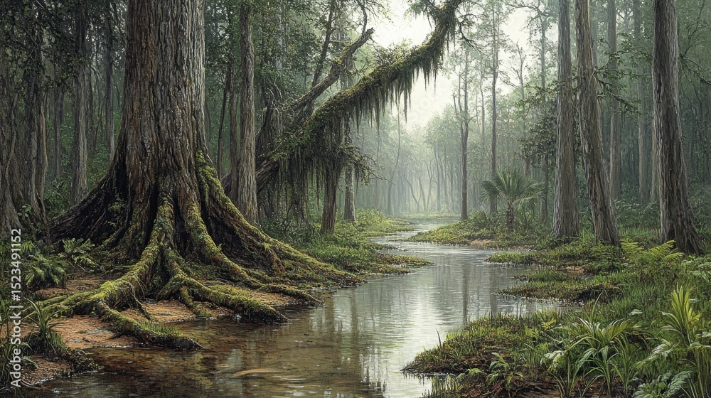 Obraz premium Serene Misty Forest Landscape with River and Lush Green Vegetation