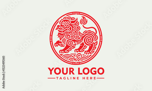 Traditional Chinese guardian lion with curled mane and paws in ornate circular frame symbolizing cultural protection. Culture concept
