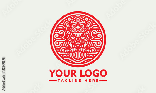 Traditional Chinese guardian lion with curled mane and paws in ornate circular frame symbolizing cultural protection. Culture concept
