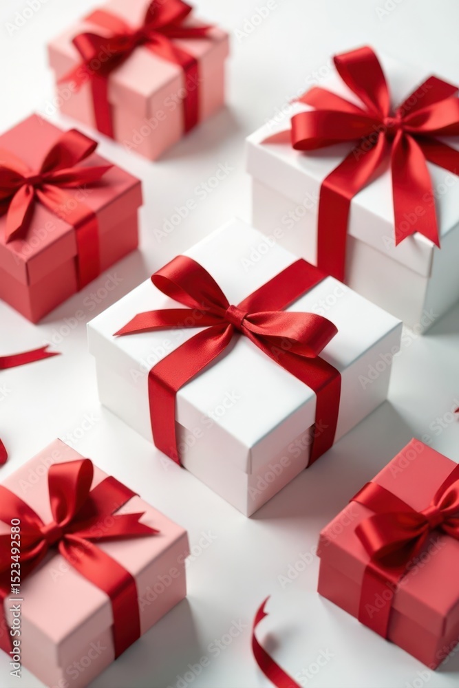 Obraz premium Several red ribbon tied Christmas gift boxes on a white table, wrapped, red ribbon
